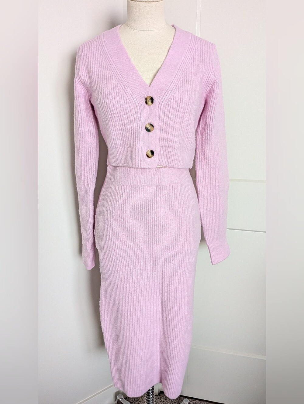 H&M Pink Ribbed Knit Cardigan and Midi Skirt Two Piece Matching Co-Ord Set